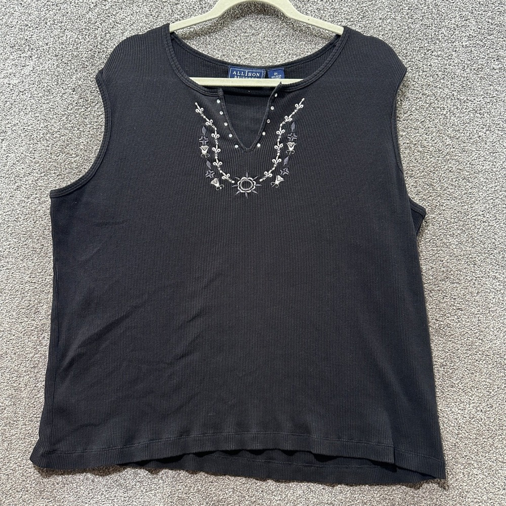 Allison Brittney Black Ribbed Tank Top 2X Embroidered Floral Rhinestone V Neck‎